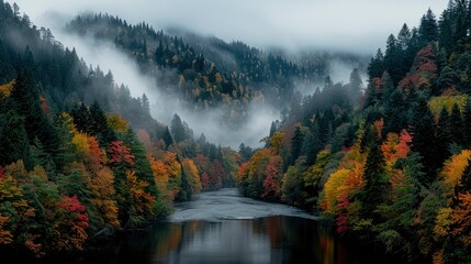 Fototapeta premium Misty Autumn Forest River