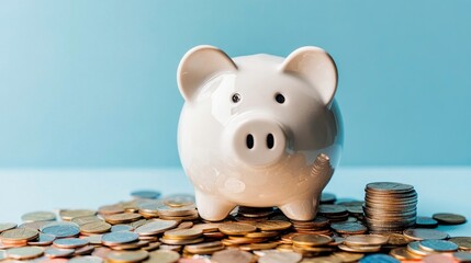 A white piggy bank standing on a pile of coins. This image represents saving money and financial goals. Trendy and minimalistic style makes it perfect for blogs and finance content. AI