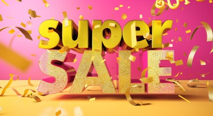 3d text super SALE yellow on pink background with golden confetti and boke