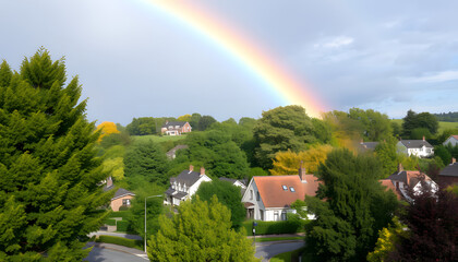 double rainbow over trees and houses in a residential neighborhood isolated with white highlights, png