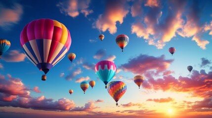 Obraz premium Stunning inspirational sunrise landscape with hot air balloons over scenic travel destination