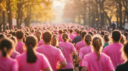 Crowd of participants running in breast cancer awareness marathon