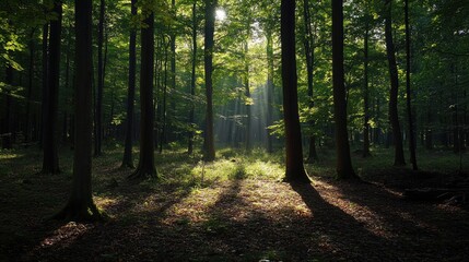 Sunlight filtering through the leaves of a dense forest, casting shadows on the forest floor