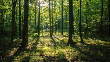 Obraz premium Sunlight filtering through the leaves of a dense forest, casting shadows on the forest floor