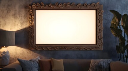 Weathered Oak Frame with Hand Carved Leaves and Warm Glow in Cozy Farmhouse Living Room Interior Traditional Rustic Decor with Cinematic 3D