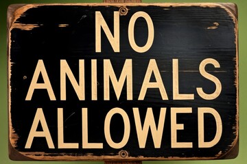 Fototapeta premium A rustic wooden sign with black background and yellow lettering reads No Animals Allowed..