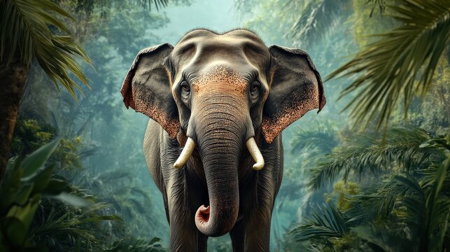 A large elephant is standing in a lush green field. The elephant is looking directly at the camera, and its trunk is raised. The scene is peaceful and serene