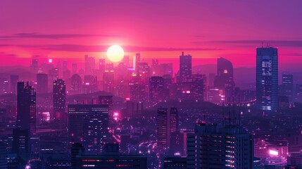 Fototapeta premium Illustration of a futuristic cyberpunk cityscape of skyscrapers decorated with purple and pink neon lights.