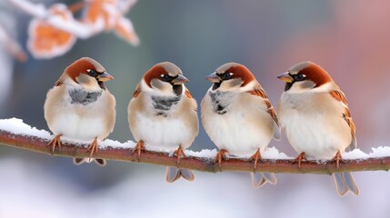 Four birds are sitting on a branch in the snow. The birds are brown and white. The image has a peaceful and serene mood