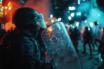 Demonstrators rally for their rights while law enforcement stands ready with riot shields, highlighting the clash of ideals amid a smoky urban backdrop. Generative AI