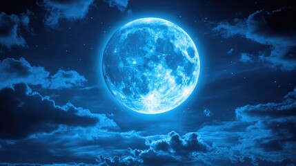 A full blue moon glowing softly, with scattered clouds creating a mystical atmosphere in the night sky.