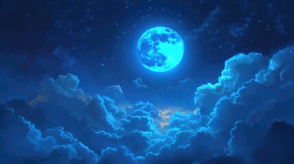 A full blue moon high in the sky, illuminating the clouds with a mystical light.