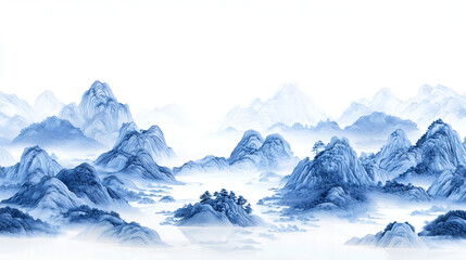 Chinese painting is a landscape of blue and white porcelain featuring rolling mountains