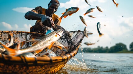 African fisherman pulling a net full of fish out of a river in a traditional wooden canoe