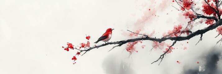 Solitary bird sitting on cherry blossom branch amidst minimalist watercolor landscape