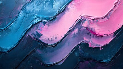 A close-up of an abstract painting with wavy lines in pastel blue, pink, and purple colors. The background is dark grey. In the style of impasto oil paint brush strokes.