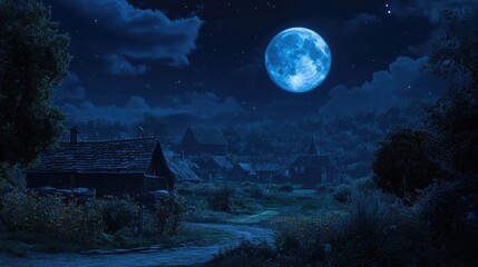 Naklejka premium A full blue moon low on the horizon, shining over a quiet village at night.