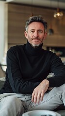 Obraz premium A man in a black sweater and gray pants is sitting on a couch