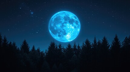 Fototapeta premium A full blue moon rising above a silhouette of trees in the quiet night.