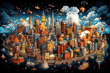 A vibrant cityscape seen from a worms-eye view