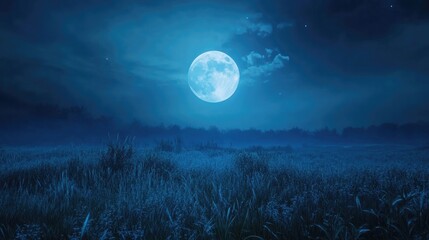 Fototapeta premium A full blue moon rising over a peaceful meadow, lighting up the night.
