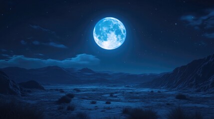 A full blue moon shining brightly above a tranquil desert landscape at night.