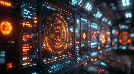 A holographic display projects vibrant text messages in a sleek, futuristic setting filled with glowing panels and advanced technology.