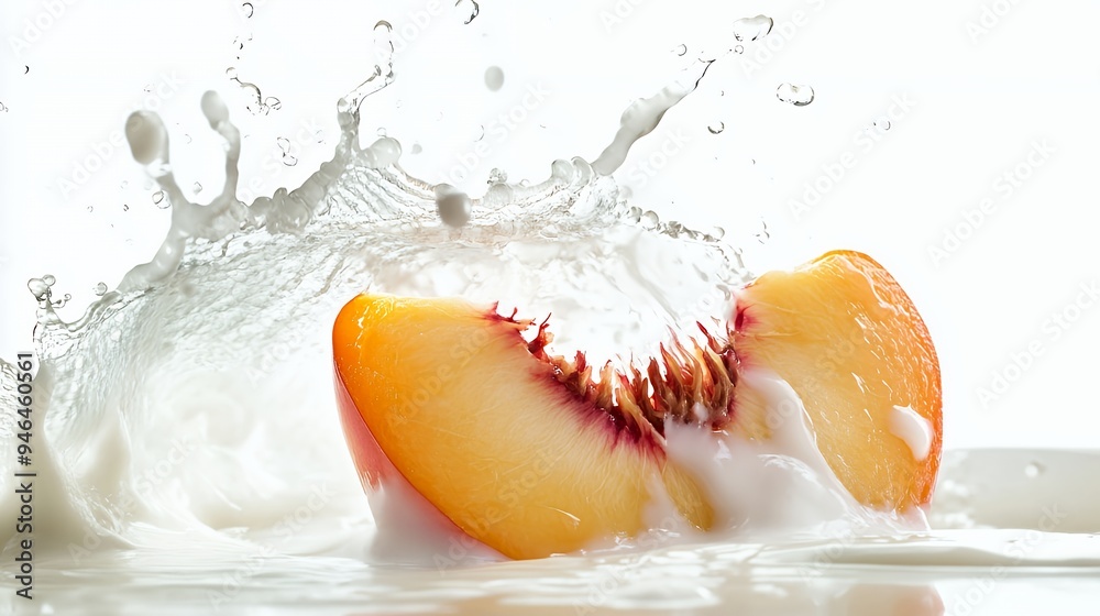 Wall mural A peach half splashes into milk, creating a dynamic and refreshing visual.