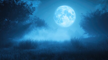 Fototapeta premium A full blue moon shining through the fog, creating a mystical night scene.