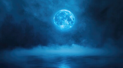 A full blue moon shining through the fog, creating a mystical night scene.