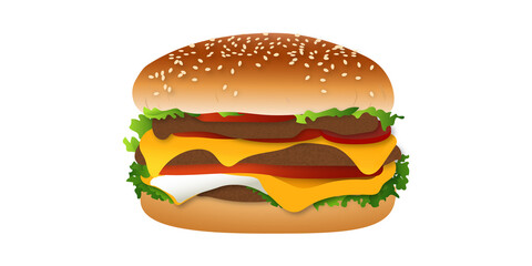 buns with cutlet, cheese, and greens on a white background. appetizing classic hamburger on white texture
