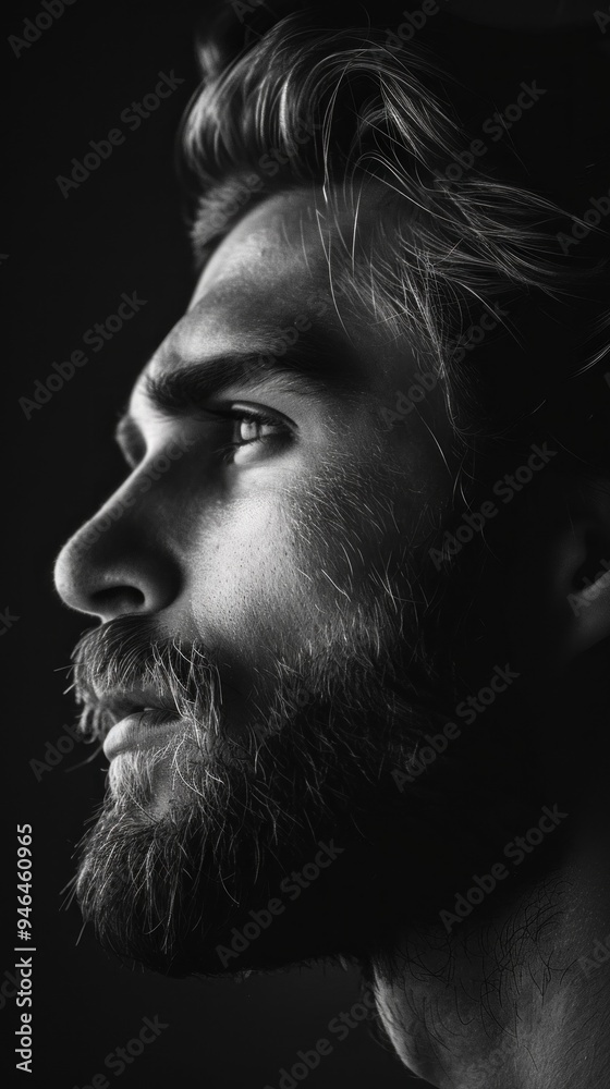 Poster a man with a beard and a mustache is looking at the camera