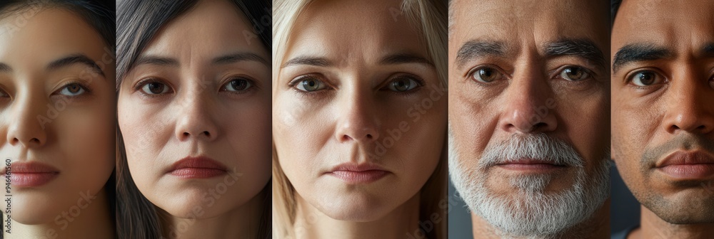 Aufkleber Five individuals with distinct features and expressions are arranged closely, each lost in thought, showcasing a range of emotions in a serene setting. Generative AI