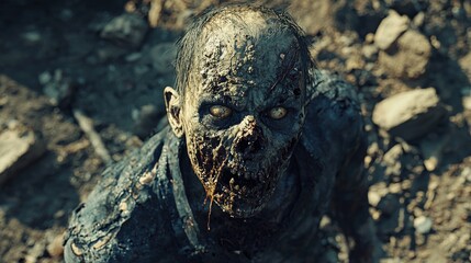 Obraz premium Close Up of a Decaying Zombie with Rotting Flesh and Glowing Eyes