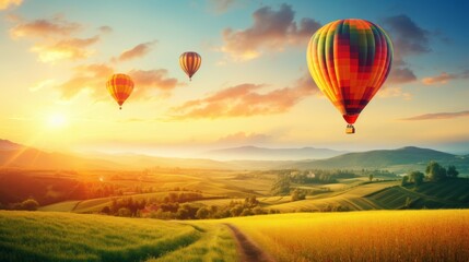 Fototapeta premium Inspiring sunrise landscape with colorful hot air balloons in a scenic nature travel destination