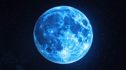 Close-up of a full blue moon with detailed craters, glowing against a dark night sky. - obrazy, fototapety, plakaty