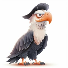 Obraz premium Cute Cartoon American Bald Eagle Wearing Tiny Hat, Perched on One Foot, Curiously Looking to the Side, Vintage Cartoon Aesthetic, Detailed Feathers, Soft Lighting, Vibrant Colors