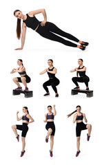 Young woman doing aerobic exercises on white background, collage