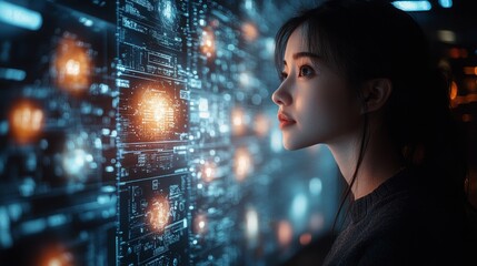 A young woman interacts with holographic displays, immersed in a video call and surrounded by advanced digital technology at night.