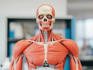 Close-up of a muscular system chart in a research lab, focus on educational and research tools,