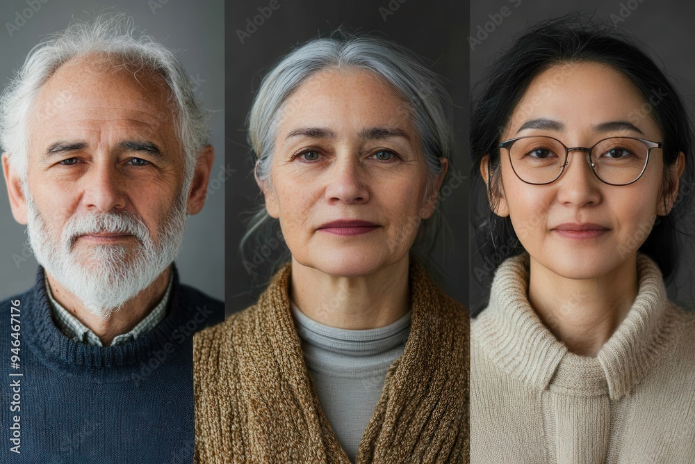 Poster three people of varying ages and backgrounds stand together, showcasing their unique features and ex