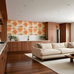 Modern trendy living room and kitchen with wallpaper in orange and beige tones. Wooden cabinets and fabric sofa. Minimal farmhouse interior design
