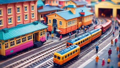 A lively scene of a miniature train station bustling with tiny passengers and meticulously designed buildings, captured in a dynamic and colorful style to reflect the vibrant atmosphere, Generative AI