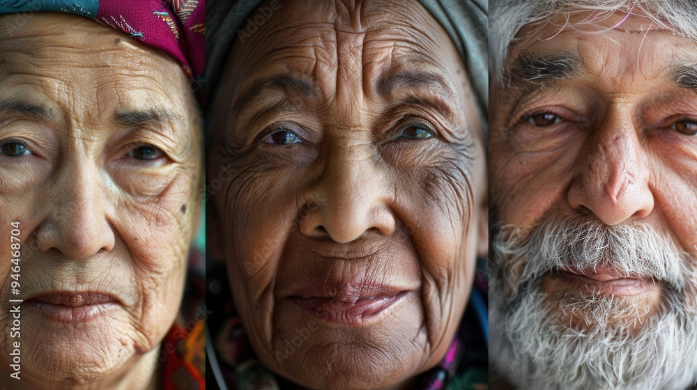 Aufkleber Three elderly individuals display their unique features and serene expressions, reflecting a sense of wisdom and calmness during a peaceful moment. Generative AI