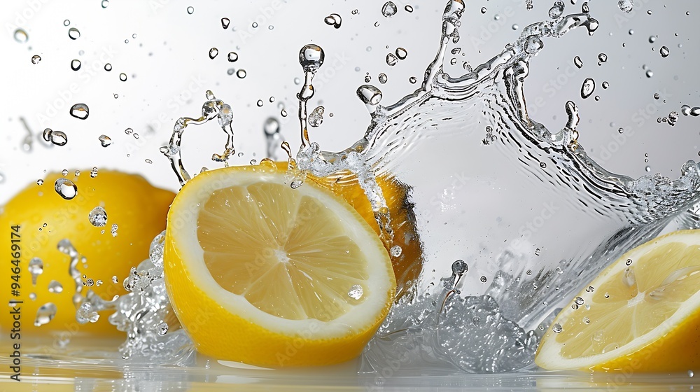 Poster one fresh lemon sliced with watersplash on white background. : generative ai