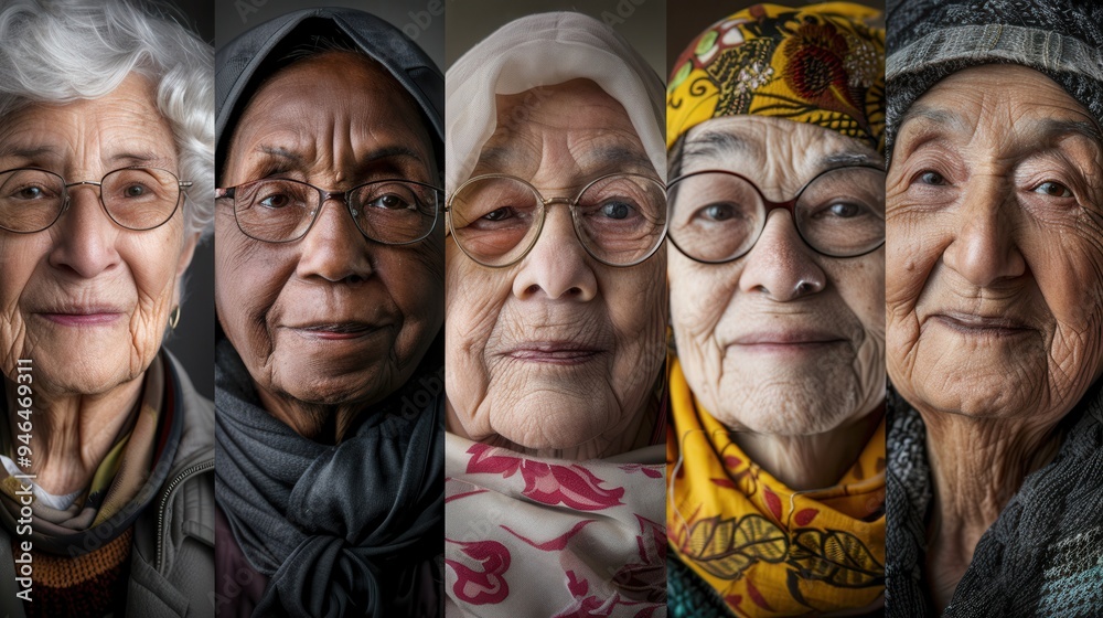 Aufkleber Five elderly men from various ethnic backgrounds display expressions of wisdom and calmness, their faces reflecting a rich life experience and inner peace. Generative AI