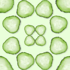 Round cucumber slices on light green background, pattern design