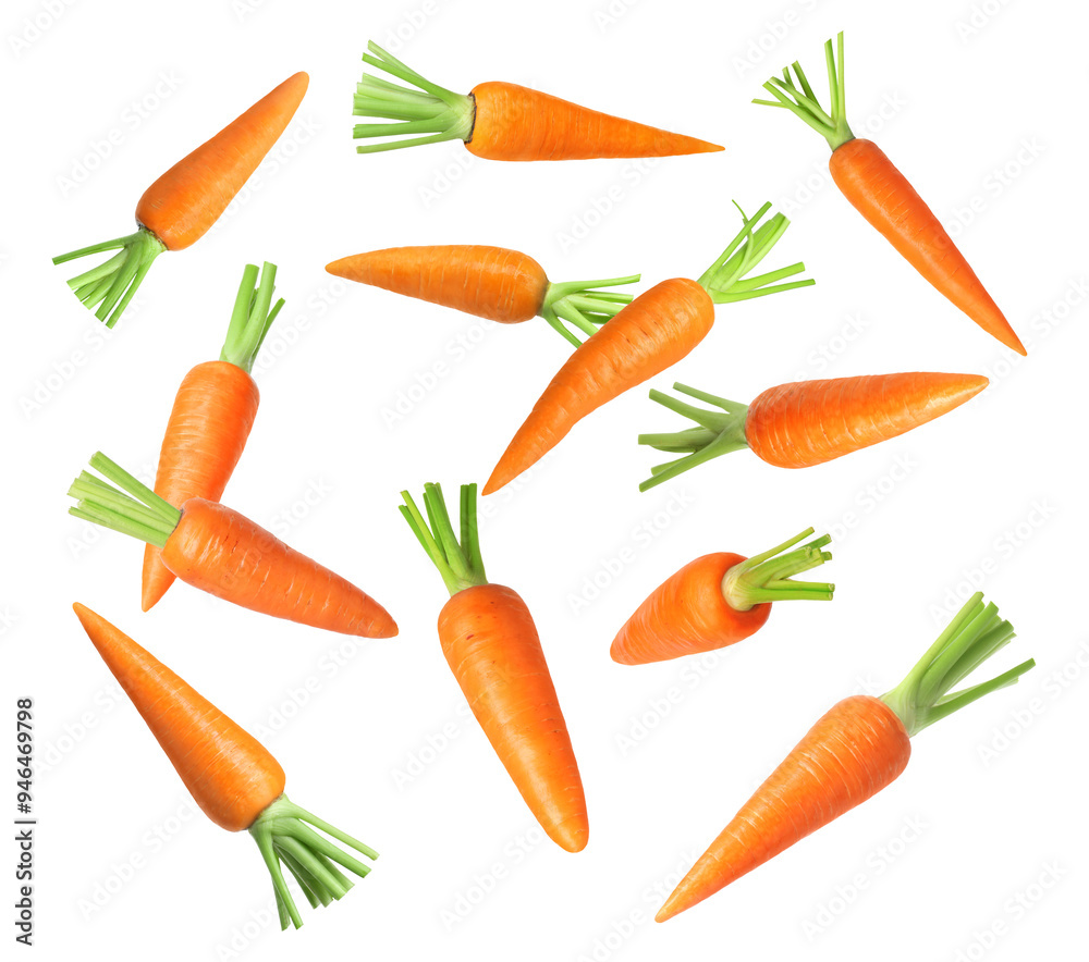 Canvas Prints Whole ripe carrots in air on white background