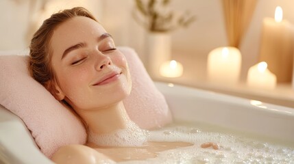 Naklejka premium A serene young woman relaxes in a bubble bath, enjoying tranquility amidst soft candlelight for a calming atmosphere.