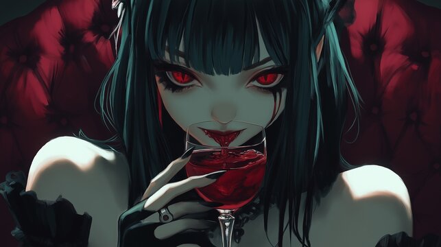 Pretty sexy and scary vampire woman tasting bloody red cocktail in glass while looking at the camera with copy space, anime style illustration of pretty woman drinking alcohol on trendy colorful back